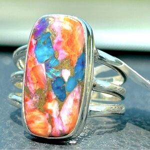 Genuine pink oyster copper turquoise sterling silver ring size 9